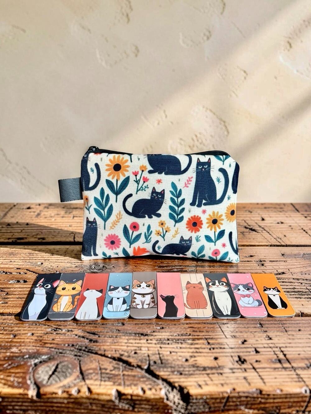Cat Lover Gift Set | 10 Magnetic Cat Bookmarks with Vintage Canvas Zipper Pouch